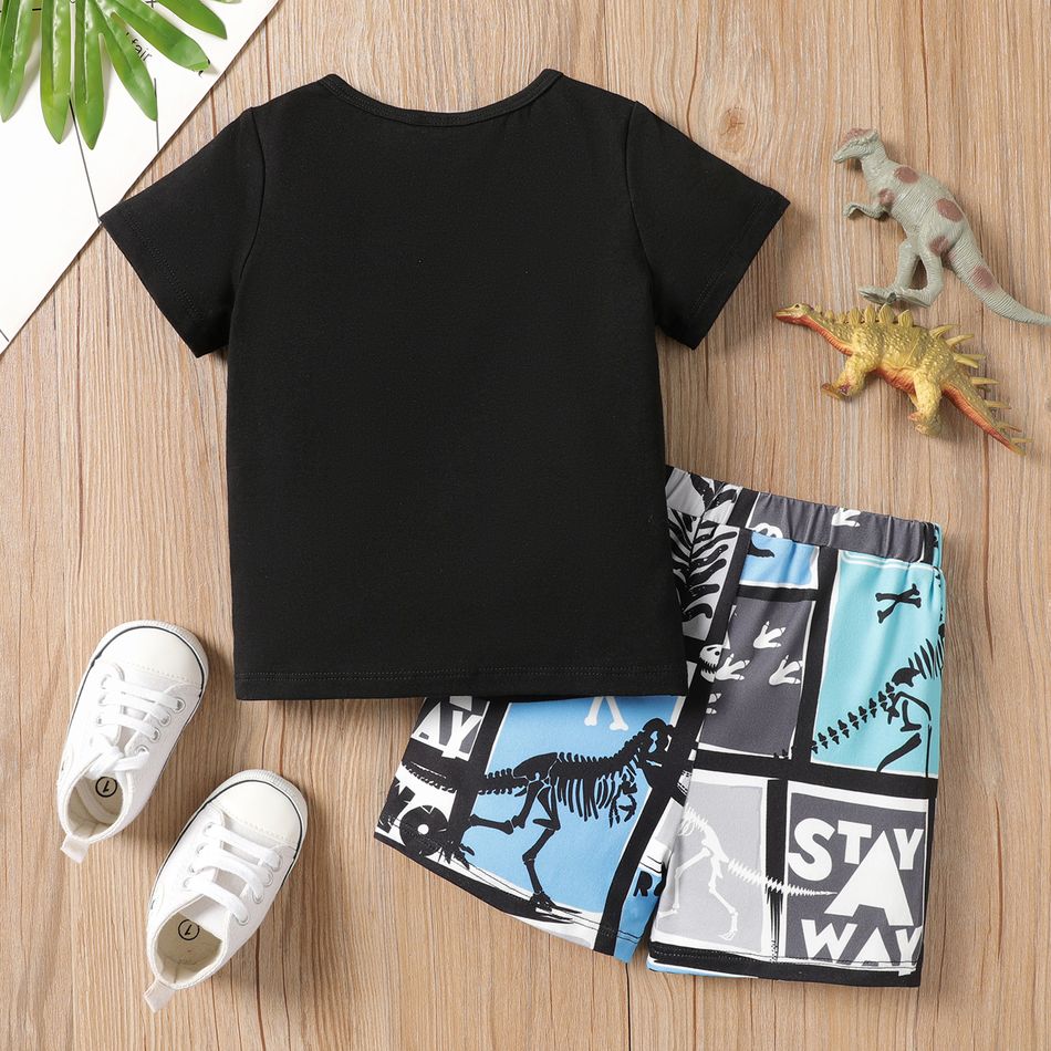 2pcs Baby Boy Cotton Short-sleeve Letter Graphic Tee and Dinosaur Print Shorts Set Black big image 3