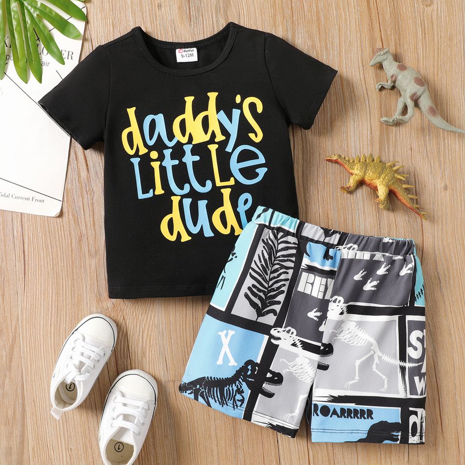 2pcs Baby Boy Cotton Short-sleeve Letter Graphic Tee and Dinosaur Print Shorts Set Black big image 1