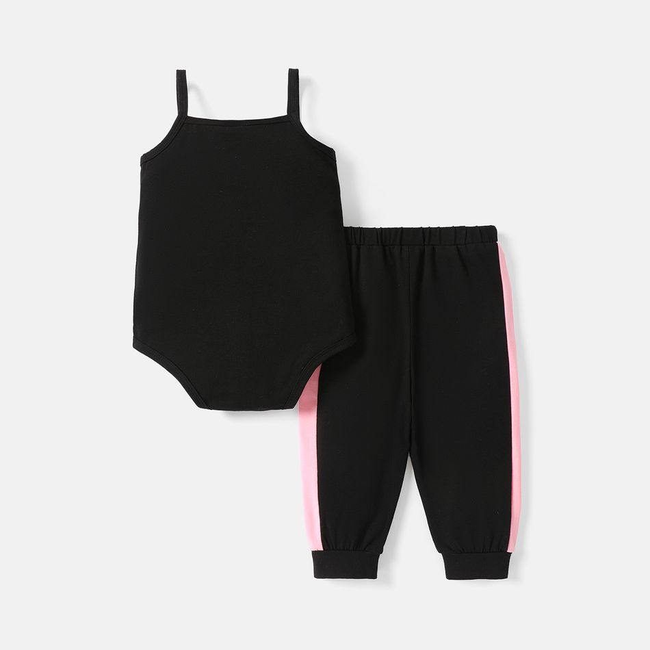 2pcs Baby Girl Cotton Letter Print Cami Romper and Colorblock Sweatpants Set Black big image 2