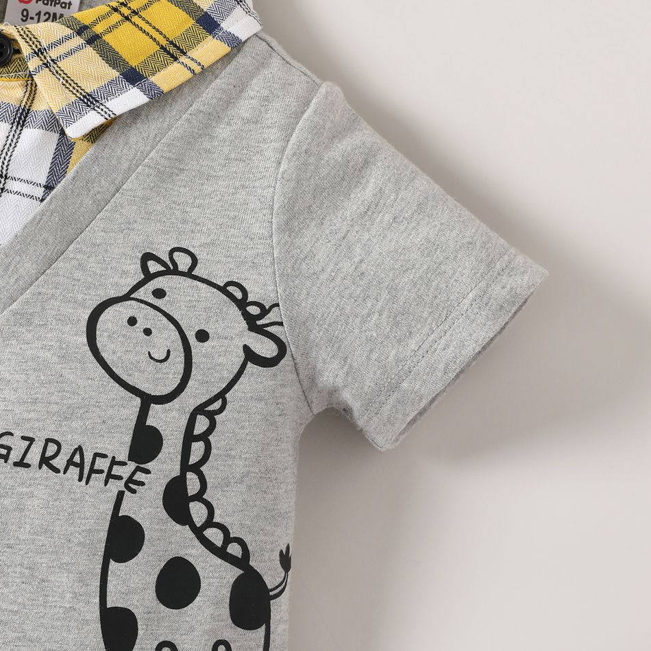 Baby Boy 100% Cotton Giraffe Print Plaid Colorblock Faux-two Romper ColorBlock big image 4