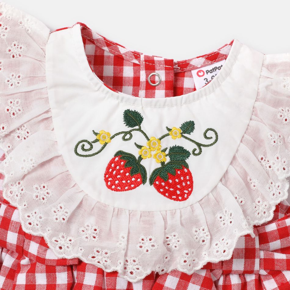 Baby Girl Strawberry Embroidered Ruffled Flutter-sleeve Gingham Romper REDWHITE big image 3