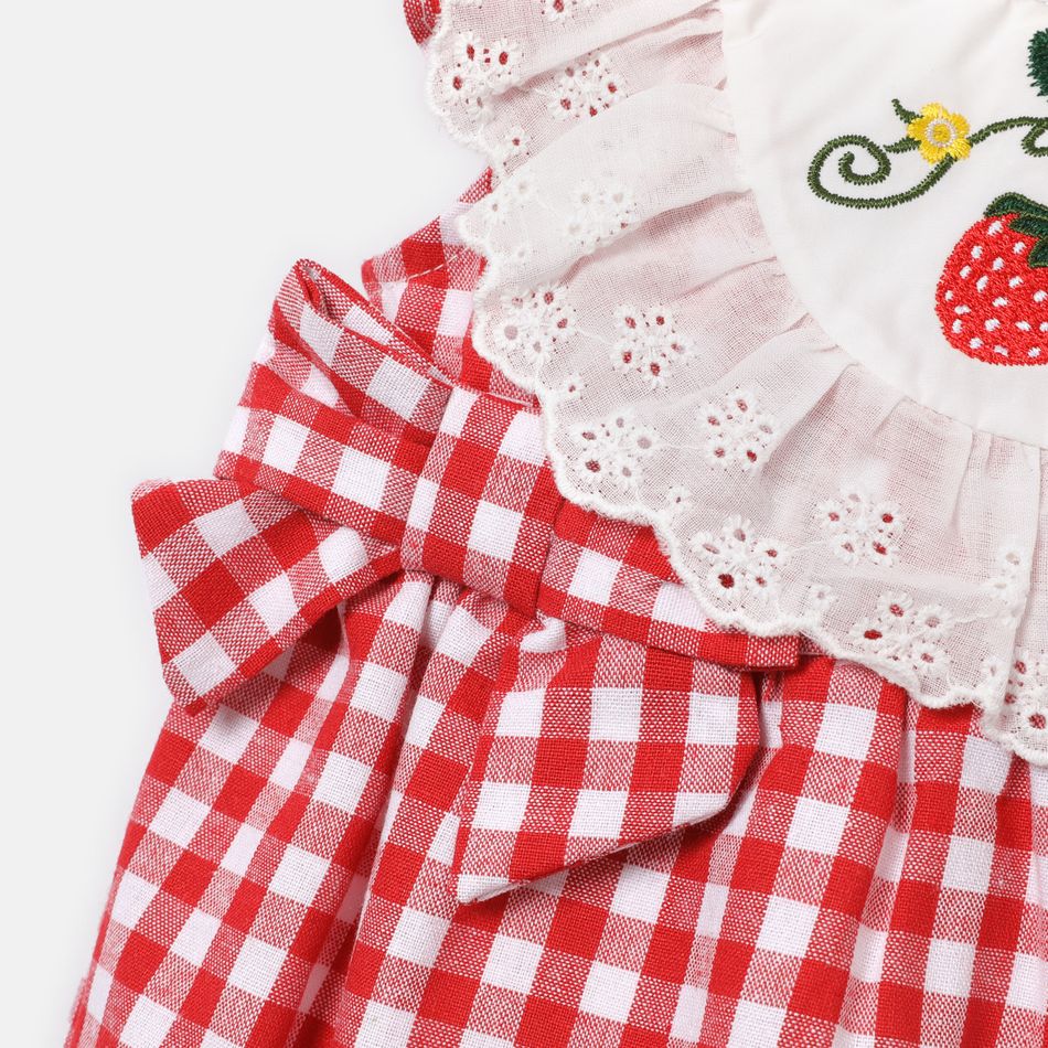 Baby Girl Strawberry Embroidered Ruffled Flutter-sleeve Gingham Romper REDWHITE big image 4