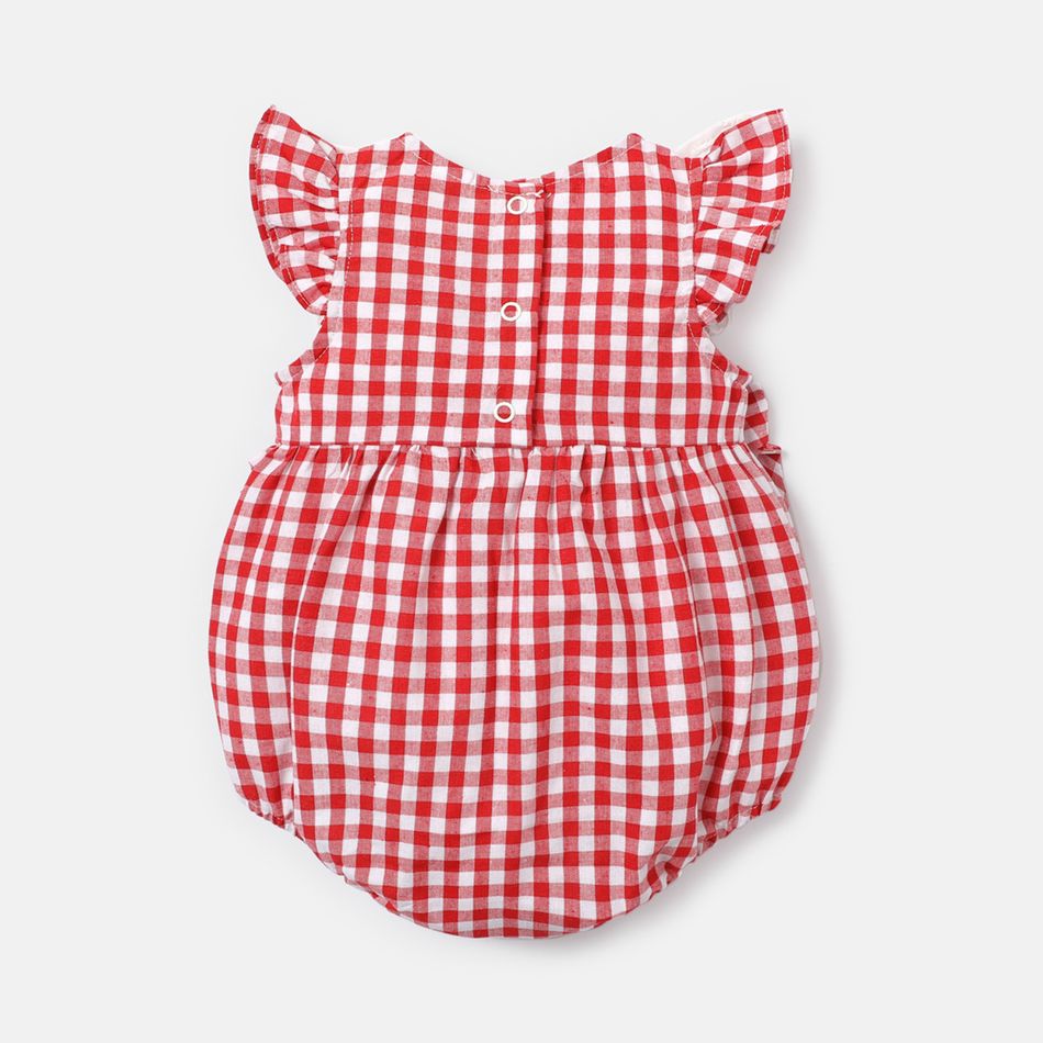 Baby Girl Strawberry Embroidered Ruffled Flutter-sleeve Gingham Romper REDWHITE big image 2