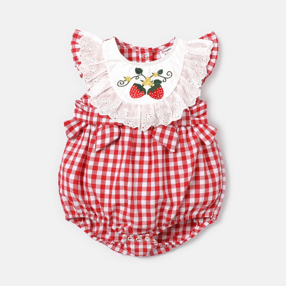 Baby Girl Strawberry Embroidered Ruffled Flutter-sleeve Gingham Romper REDWHITE big image 1
