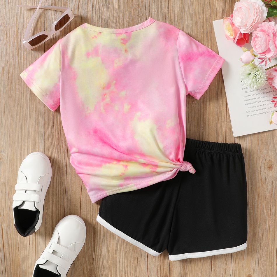 2Pcs Kid Girl Tie Dye Heart Print Short-sleeve Tee and Shorts Set Pink