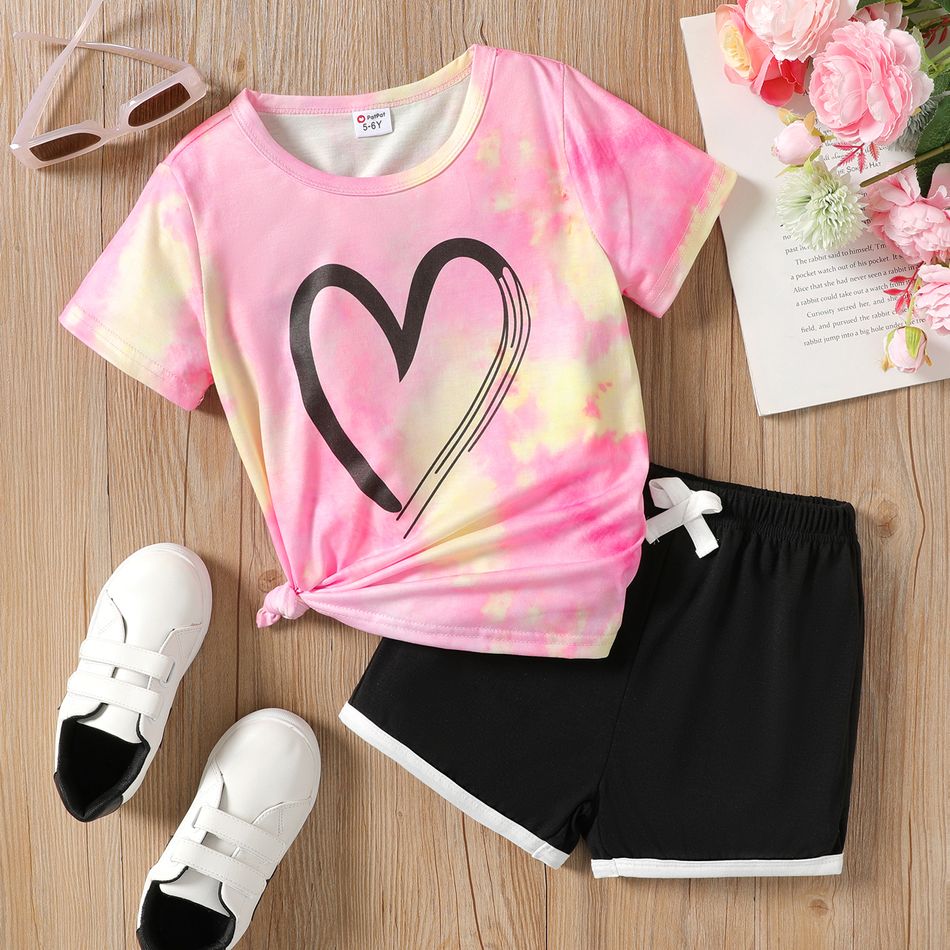 2Pcs Kid Girl Tie Dye Heart Print Short-sleeve Tee and Shorts Set Pink big image 1