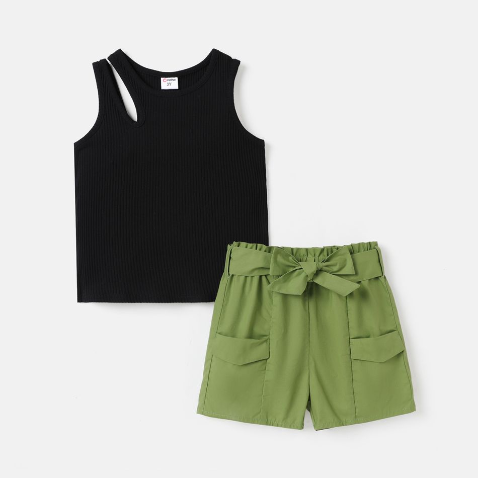 2Pcs Toddler Girl Cotton Tank Top & Belted Shorts Set Black