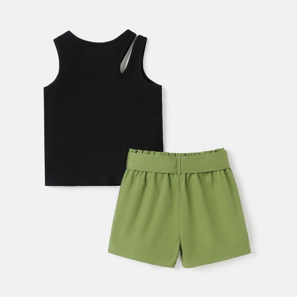2Pcs Toddler Girl Cotton Tank Top & Belted Shorts Set Black big image 2