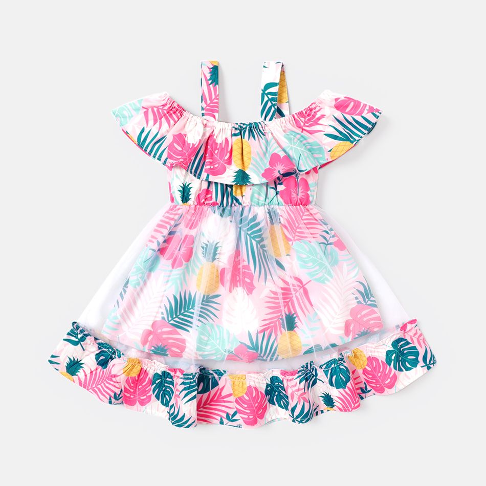 Baby Girl Allover Plant Print Cold Shoulder Sleeveless Ruffled Mesh Dress Pink big image 2