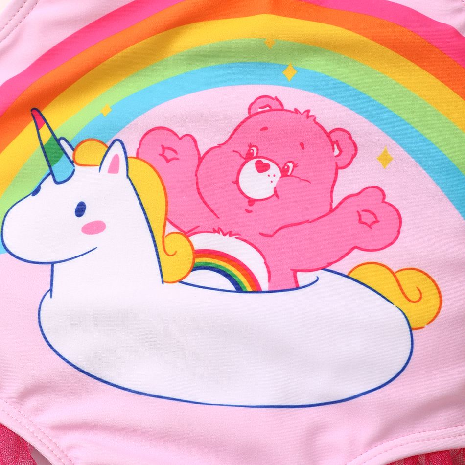 Care Bears Baby Girl 2pcs Bear Print Colorful Ruffle Trim One-piece Swimsuit & Cap Set Light Pink big image 2