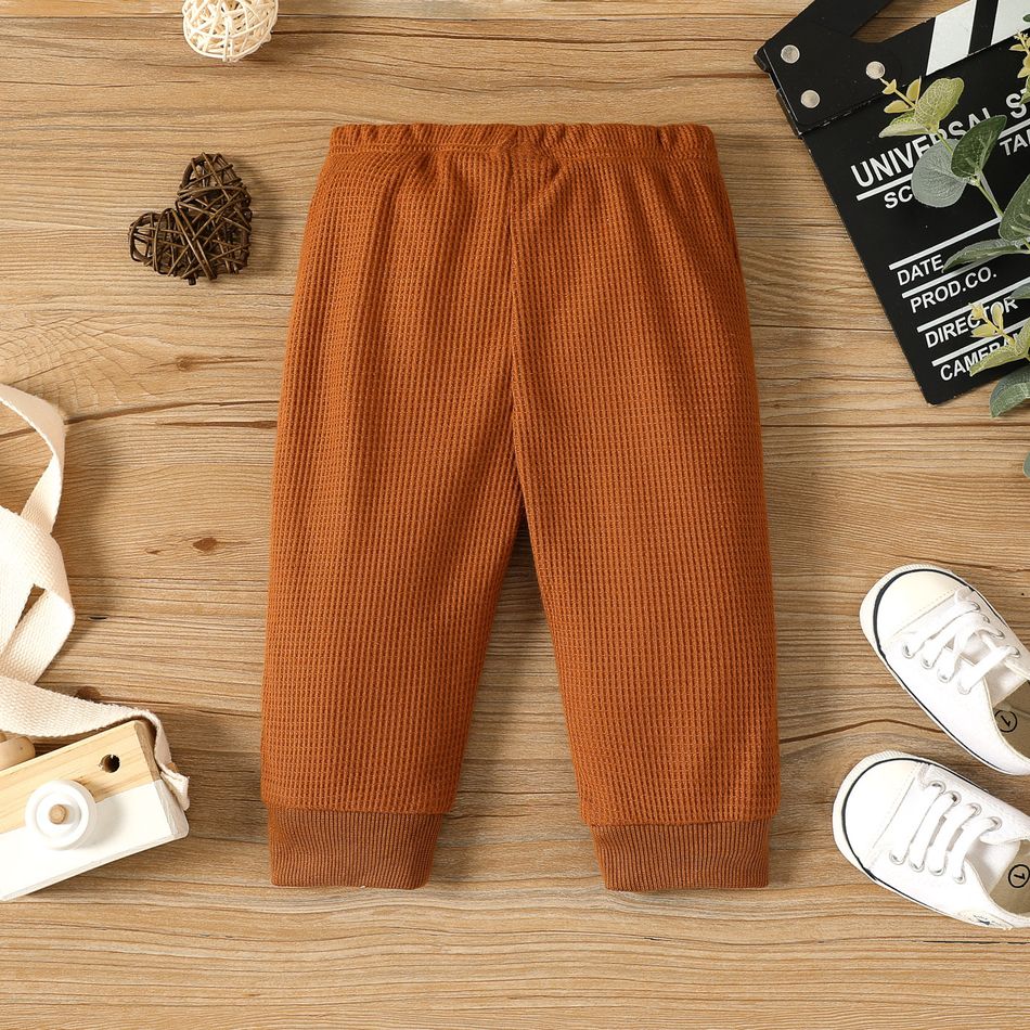 Baby Boy/Girl Letter Patch Detail Solid Waffle Pants Brown big image 4