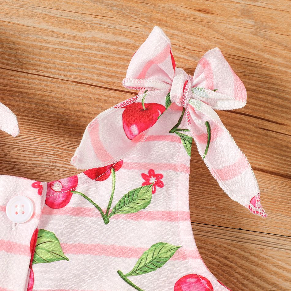 Toddler Girl Cherry Print Striped Button Bowknot Design Sleeveless Rompers Colorful big image 3