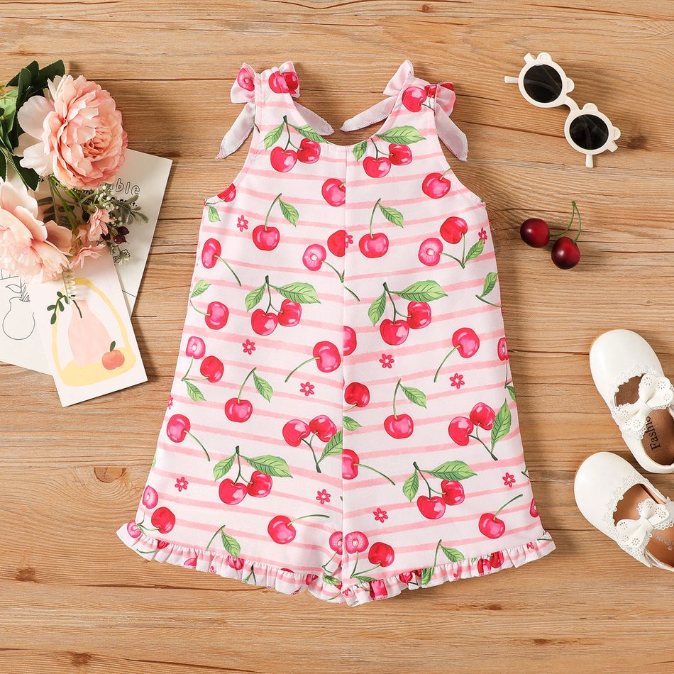 Toddler Girl Cherry Print Striped Button Bowknot Design Sleeveless Rompers Colorful big image 2