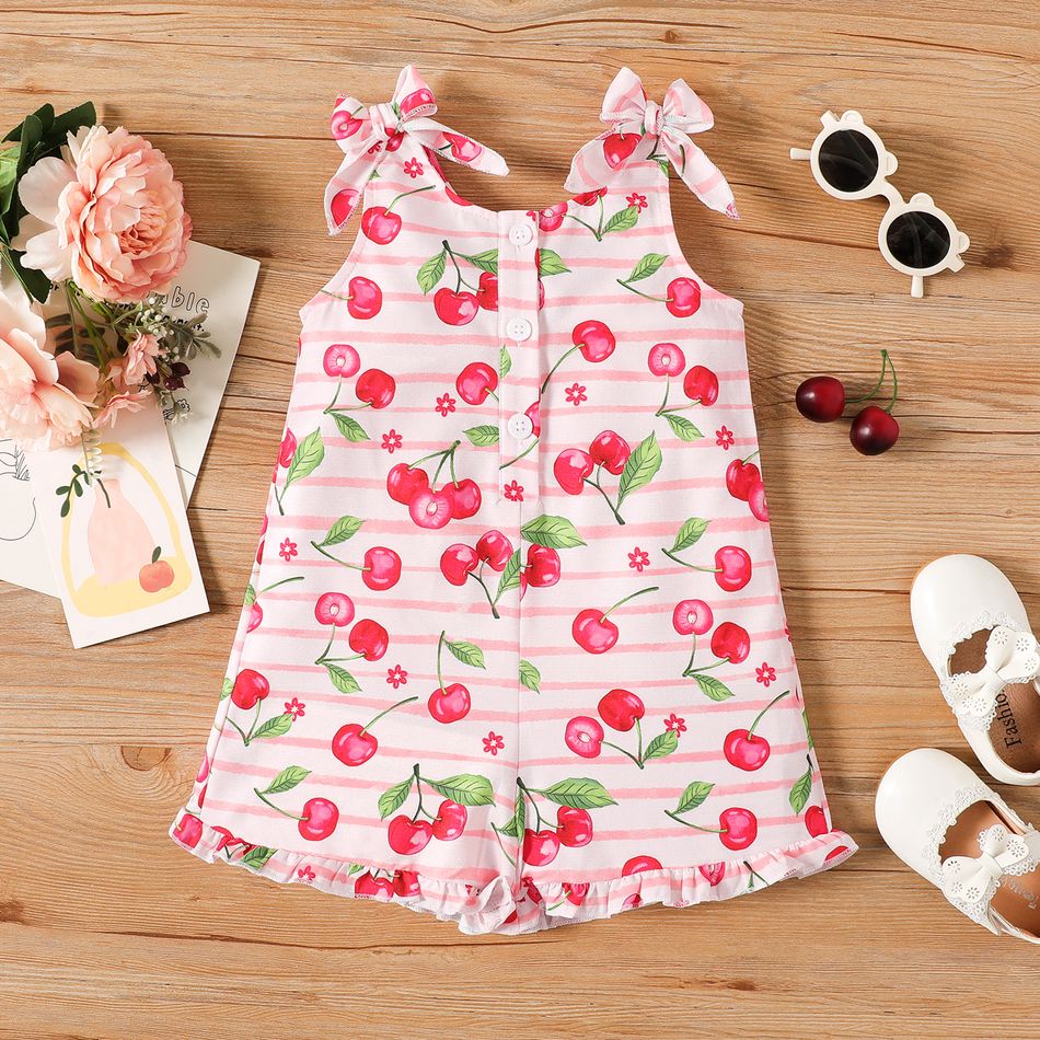 Toddler Girl Cherry Print Striped Button Bowknot Design Sleeveless Rompers Colorful big image 1