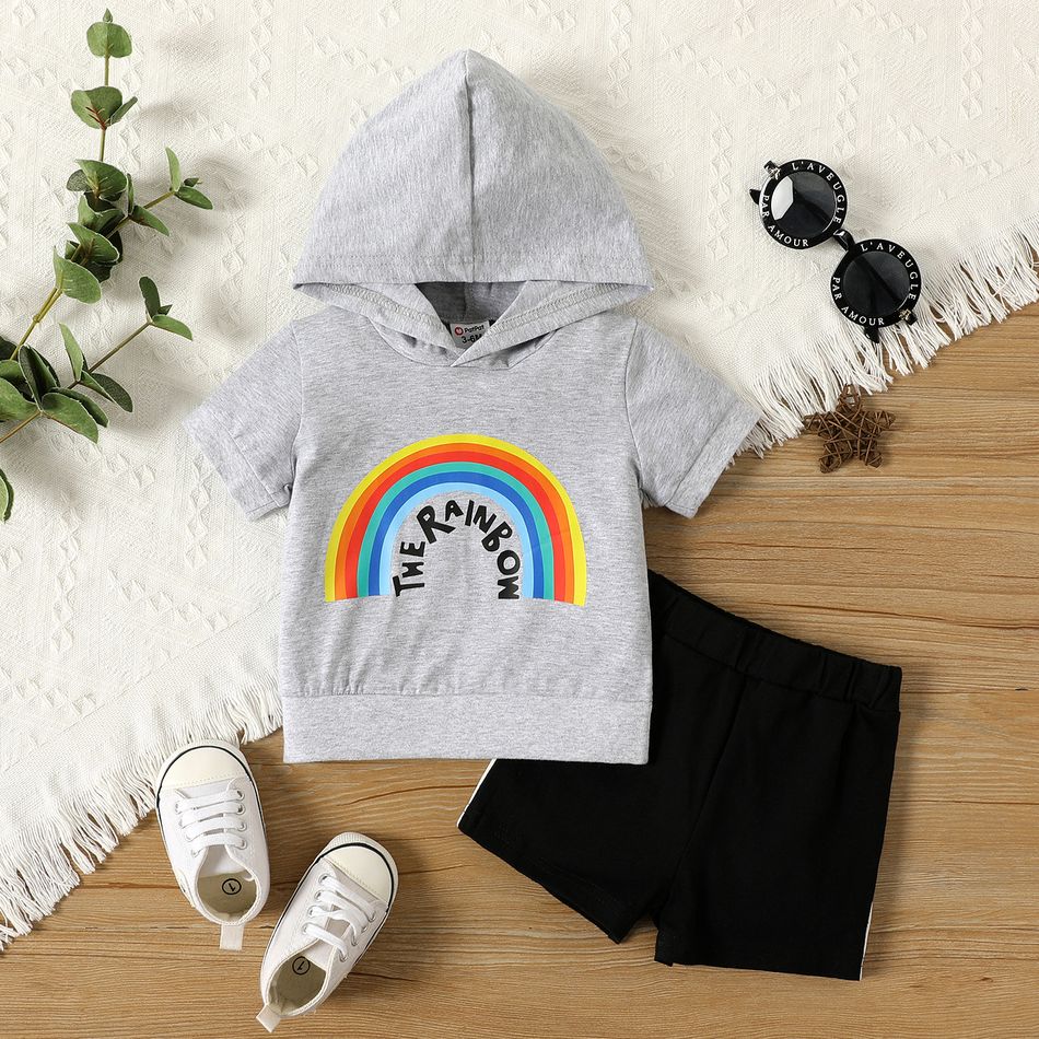 2pcs Baby Boy 95% Cotton Rainbow & Letter Print Hooded Short-sleeve Tee & Shorts Set Lightgrey big image 1