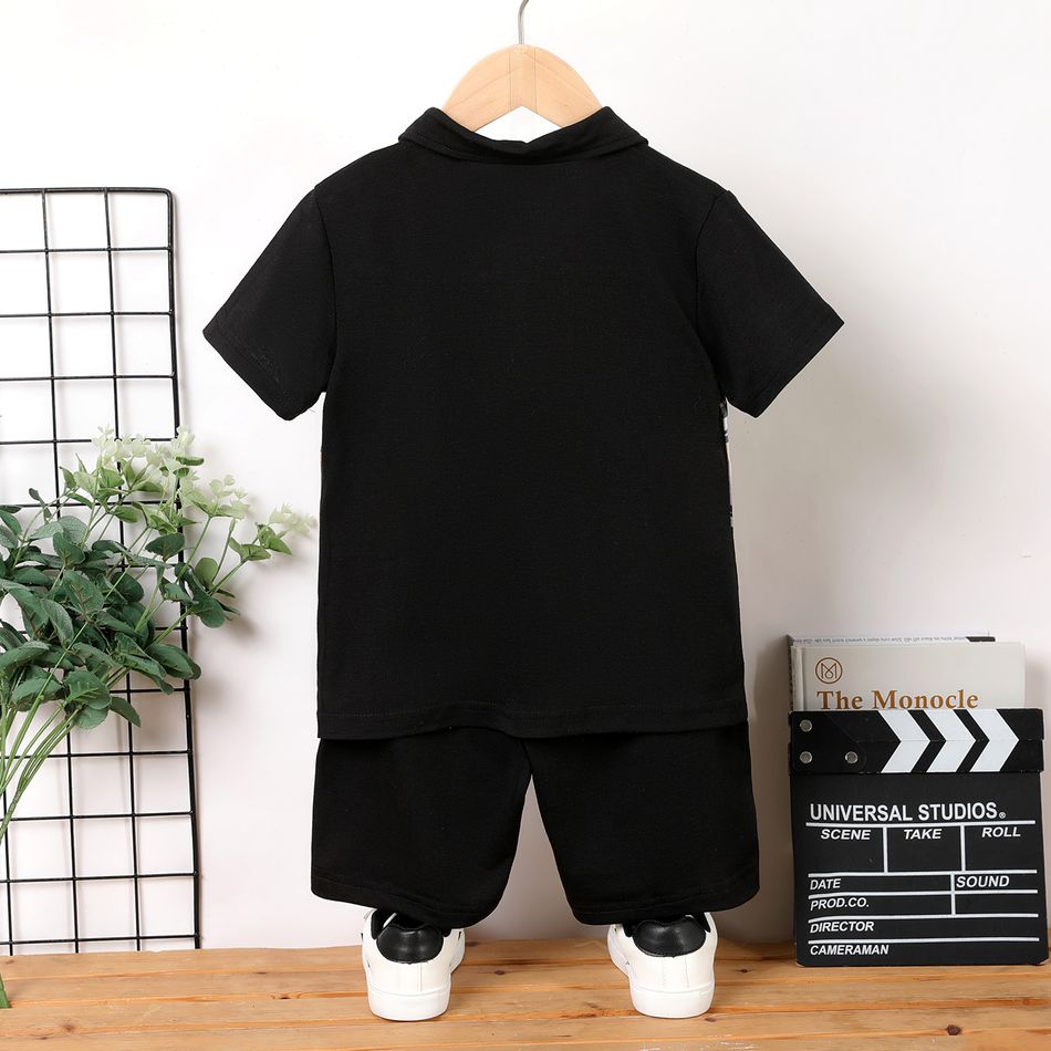 2Pcs Kid Boy Plaid Panel Short-sleeve Polo Shirt and Shorts Set Black big image 2