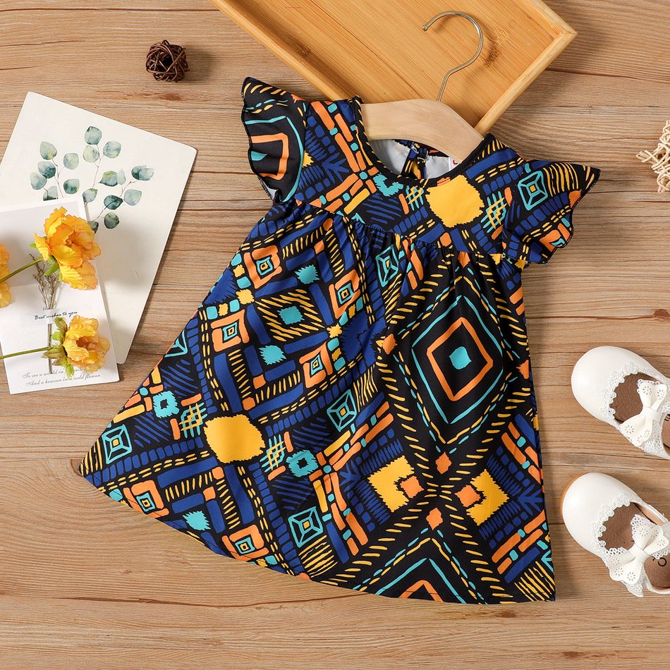Baby Girl Allover Geometric Print Flutter-sleeve Dress Dark Blue big image 1
