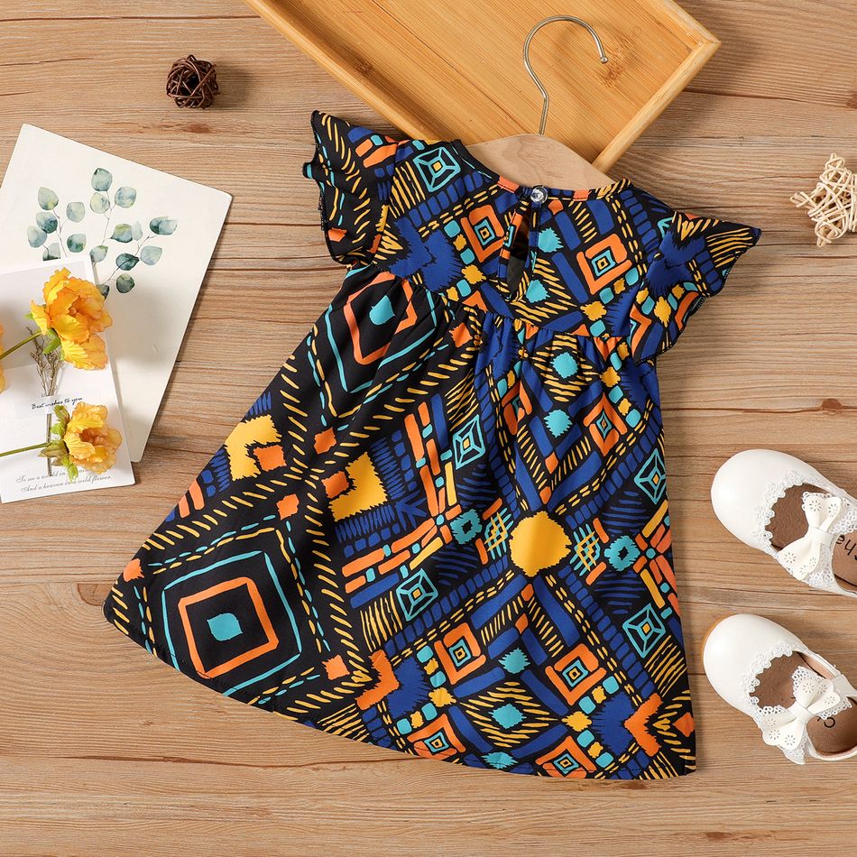 Baby Girl Allover Geometric Print Flutter-sleeve Dress Dark Blue big image 2