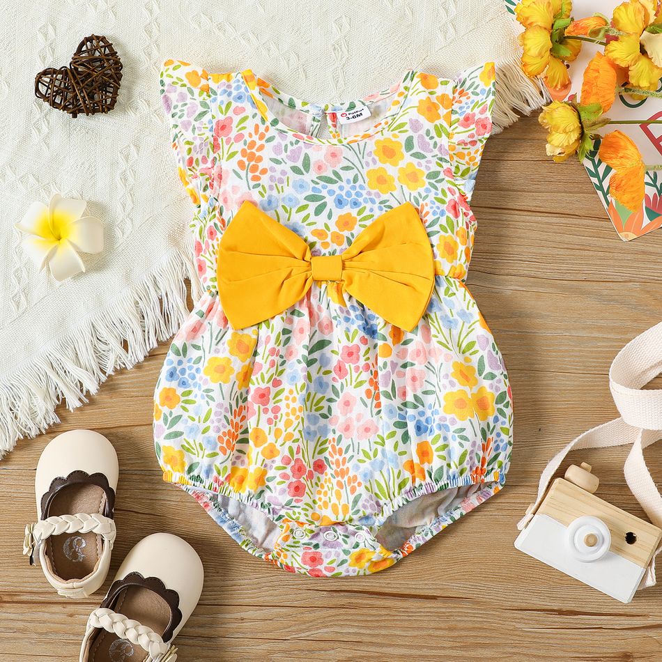 Baby Girl 100% Cotton Bow Front Pretty Floral Print Flutter-sleeve Romper Ginger big image 1