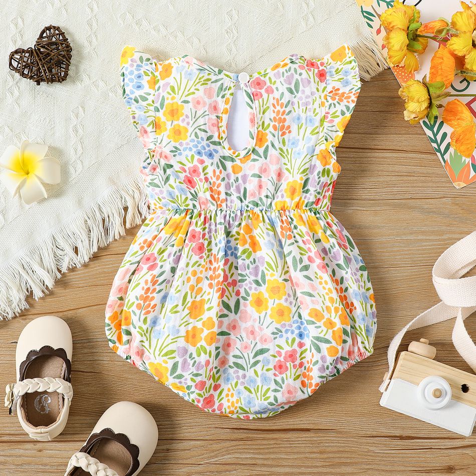 Baby Girl 100% Cotton Bow Front Pretty Floral Print Flutter-sleeve Romper Ginger big image 2