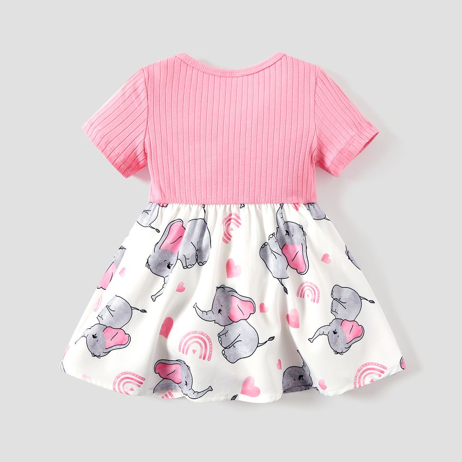 Baby/Toddler Girl Elephant Print Ribbed Splice Short-sleeve Dress PinkyWhite