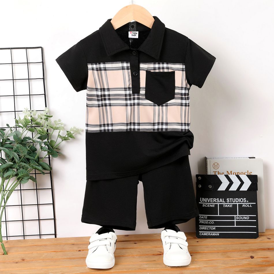 2Pcs Kid Boy Plaid Panel Short-sleeve Polo Shirt and Shorts Set Black big image 1