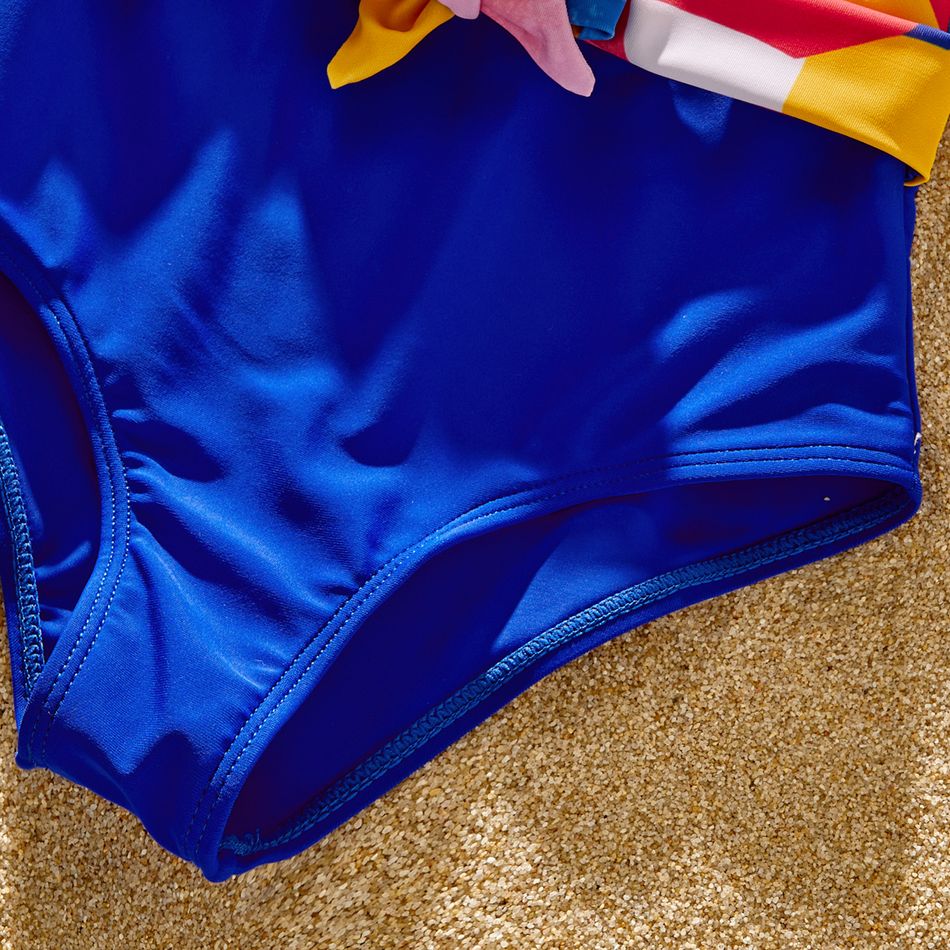 Family Matching Colorful Print Spliced Ruffle Trim Self Tie One-piece Swimsuit and Colorblock Swim Trunks Shorts Colorful big image 13
