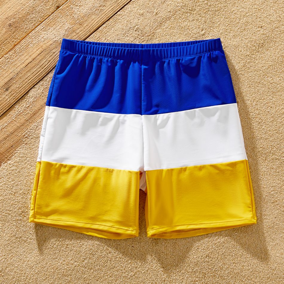 Family Matching Colorful Print Spliced Ruffle Trim Self Tie One-piece Swimsuit and Colorblock Swim Trunks Shorts Colorful big image 3
