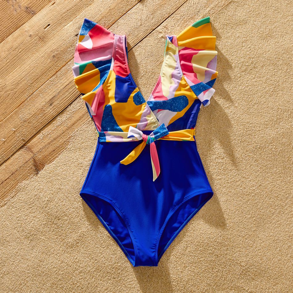 Family Matching Colorful Print Spliced Ruffle Trim Self Tie One-piece Swimsuit and Colorblock Swim Trunks Shorts Colorful big image 6