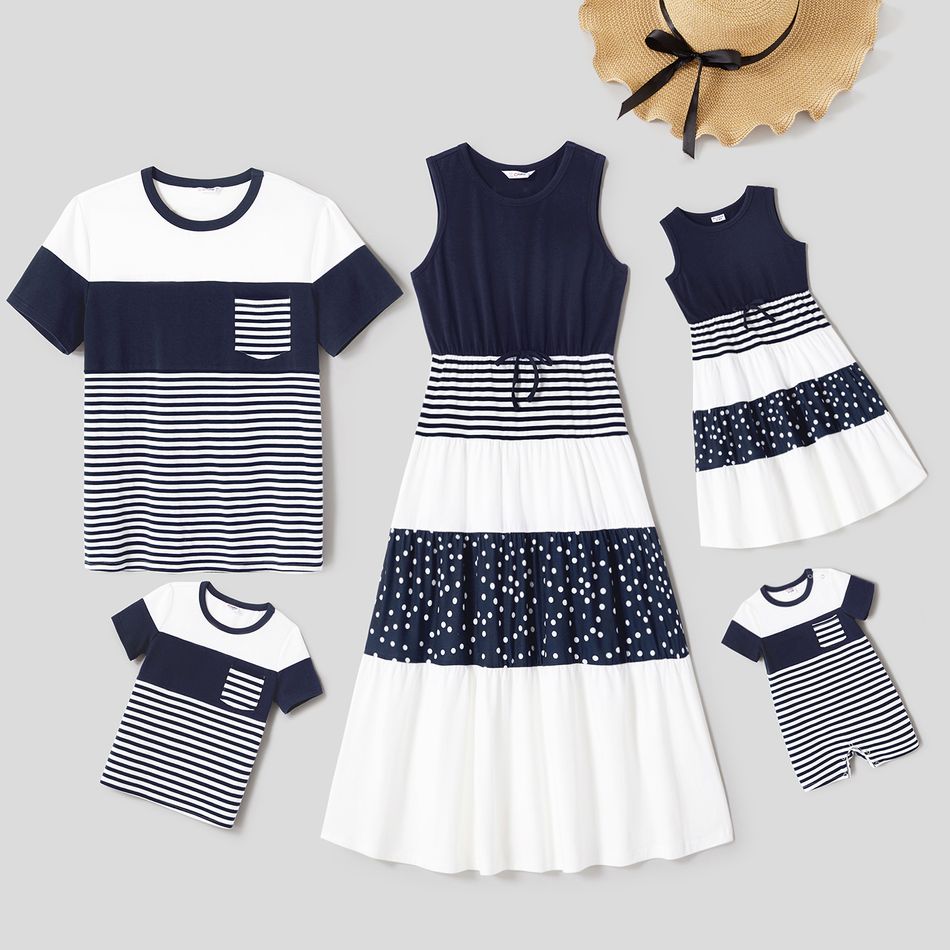 Family Matching Cotton Colorblock Striped Short-sleeve Tee and Spliced Tank Dresses Sets Tibetanbluewhite big image 1