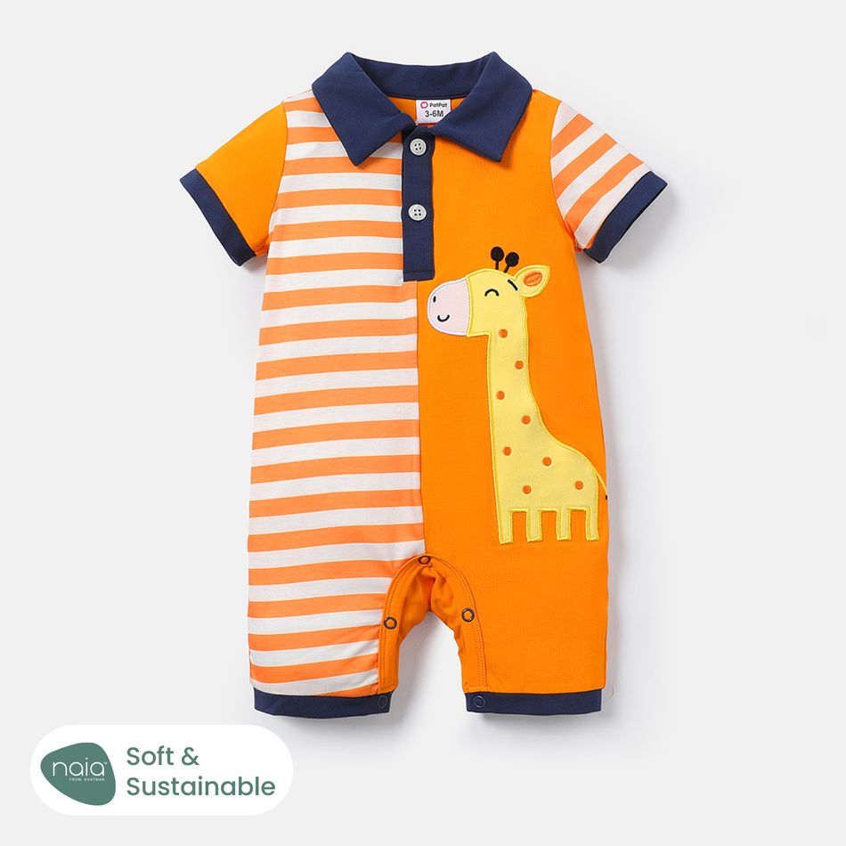 Naia™ Baby Boy Cotton Animal Embroidered Striped Polo Collar Short-sleeve Romper Orange big image 1