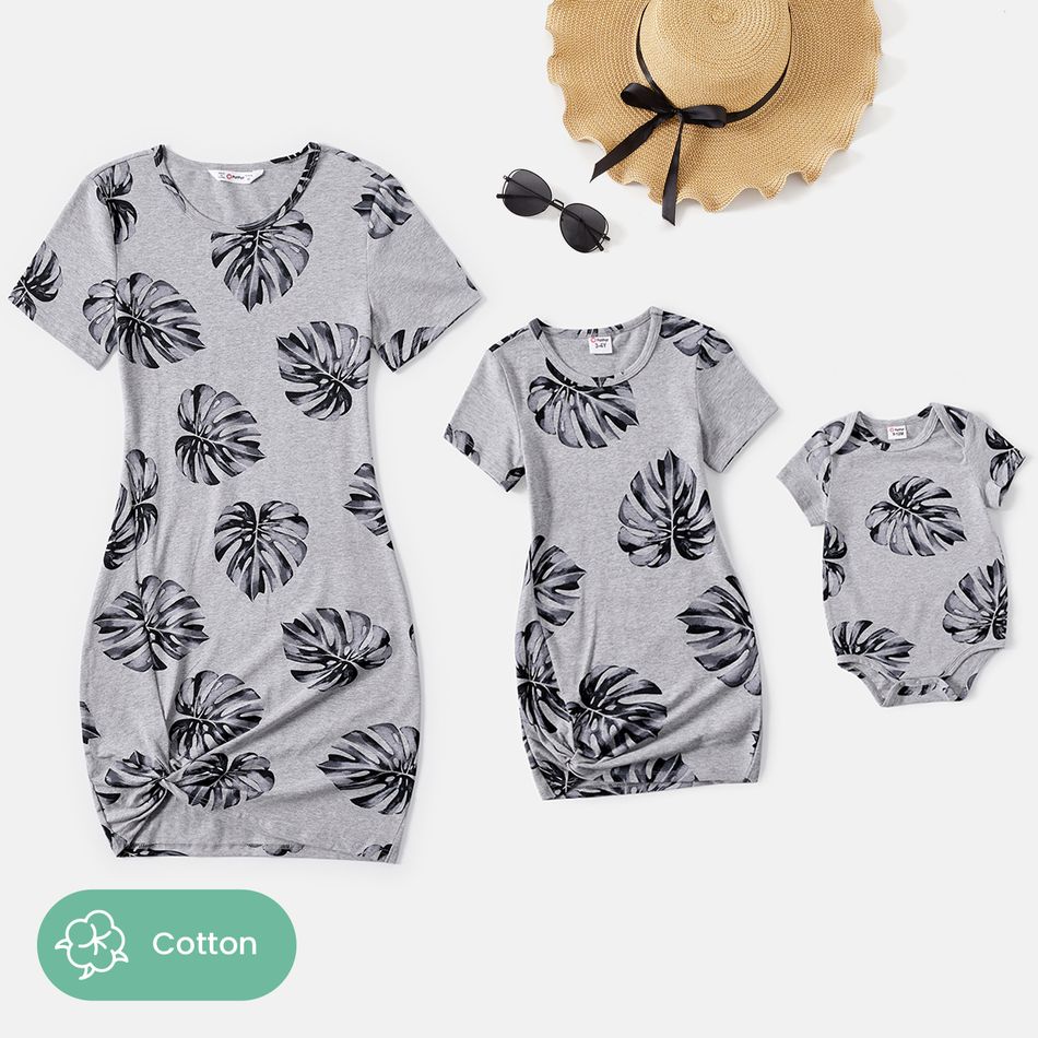 Mommy and Me 95% Cotton Short-sleeve Allover Palm Leaf Print Twist Knot Bodycon T-shirt Dresses SILVERGRAY