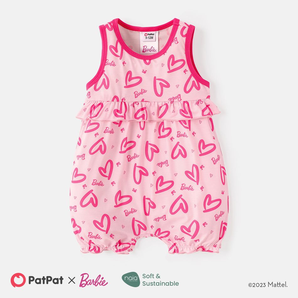 Barbie Baby Girl Mother's Day Allover Heart & Letter Print Ruffle Trim Naia™ Tank Romper Pink big image 1