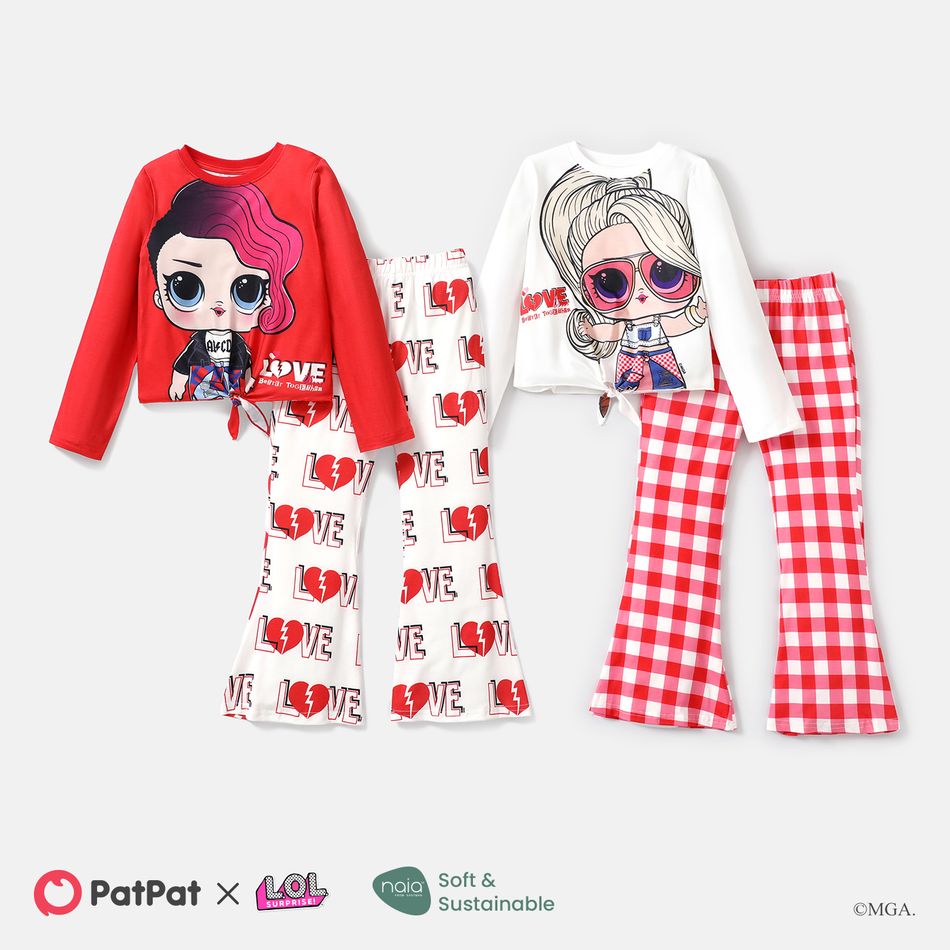 L.O.L. SURPRISE! Kid Girl 2pcs Mother's Day Tie Knot Tee and Heart Print/Plaid Flared Pants Set Red big image 2