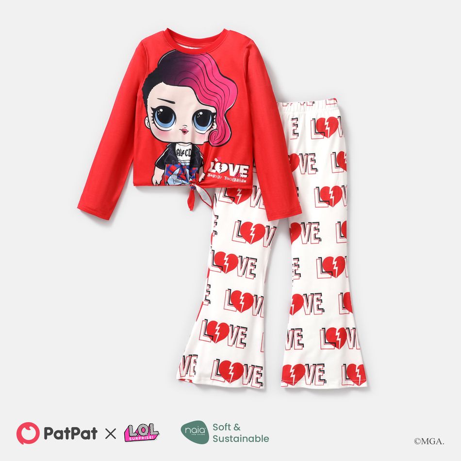 L.O.L. SURPRISE! Kid Girl 2pcs Mother's Day Tie Knot Tee and Heart Print/Plaid Flared Pants Set Red