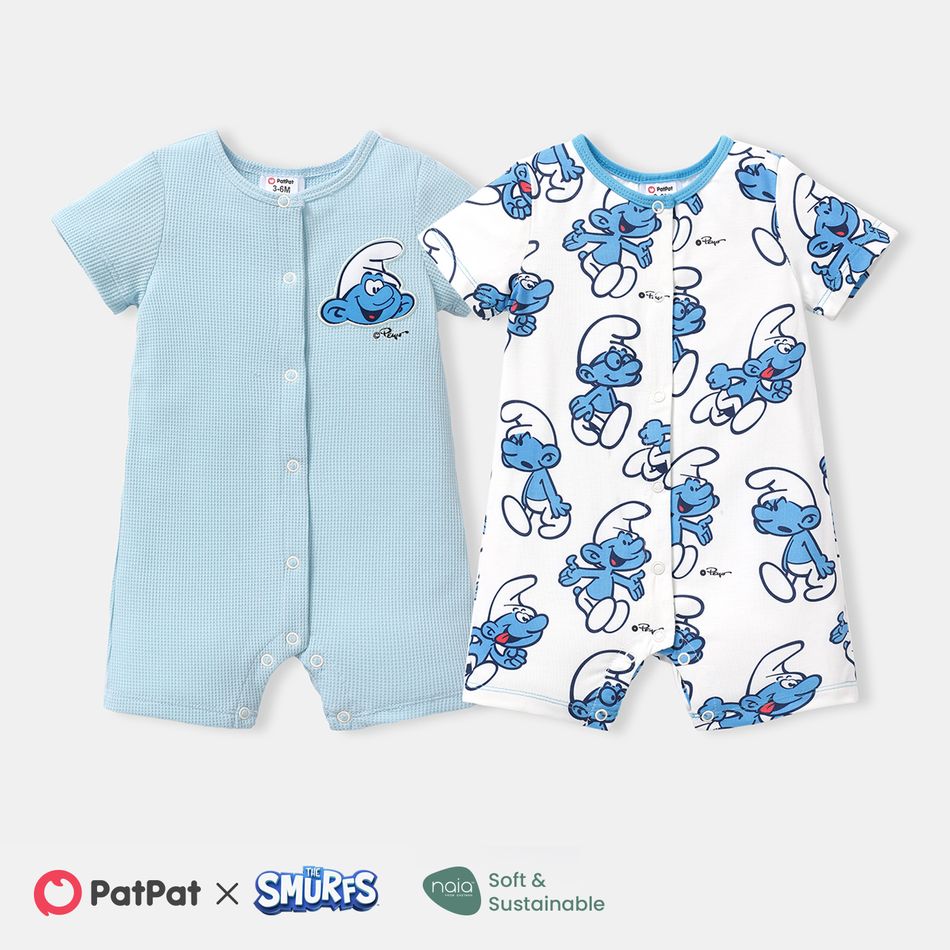 The Smurfs Baby Boy/Girl Short-sleeve Solid Waffle or Allover Print Naia™ Romper BLUEWHITE big image 6