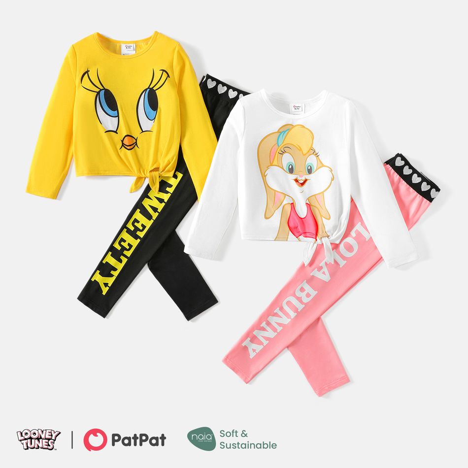 Looney Tunes 2pcs Kid Girl Character Print Tie Knot Cotton Long-sleeve Tee and Letter Print Leggings Set White big image 2