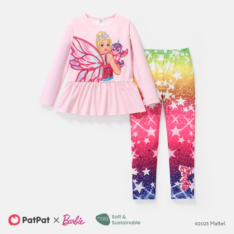 Barbie 2pcs Kid Girl Character Print Long-sleeve Tee and Star Print Leggings Set Pink big image 1