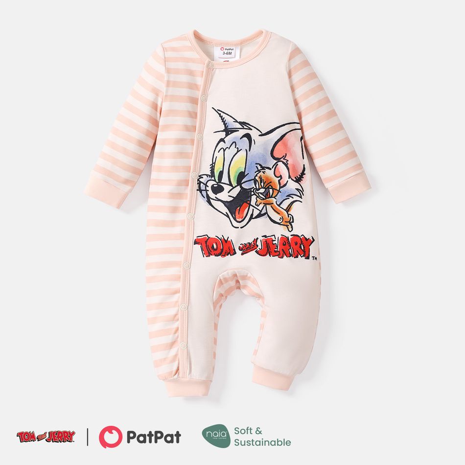 Tom and Jerry Baby Boy/Girl Long-sleeve Striped Graphic Spliced Naia™ Jumpsuit LightPink