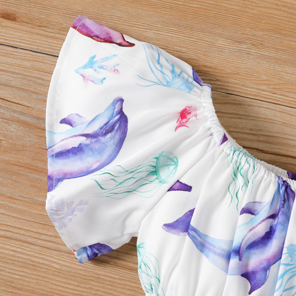2pcs Baby Girl Allover Dolphin Print Flutter-sleeve Romper & Headband Set Colorful big image 3