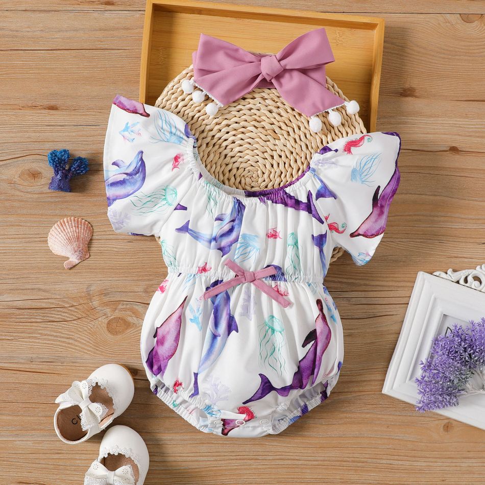 2pcs Baby Girl Allover Dolphin Print Flutter-sleeve Romper & Headband Set Colorful big image 1