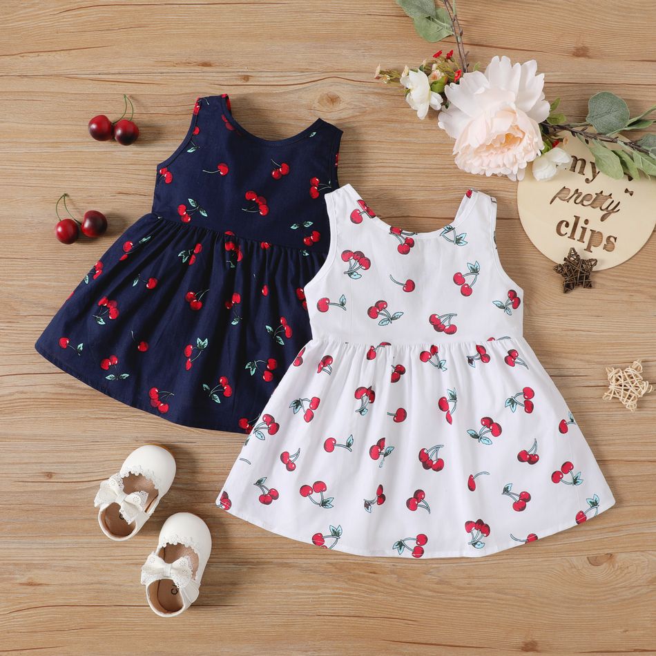 100% Cotton Cherry Print Backless Sleeveless Baby Dress Royal Blue
