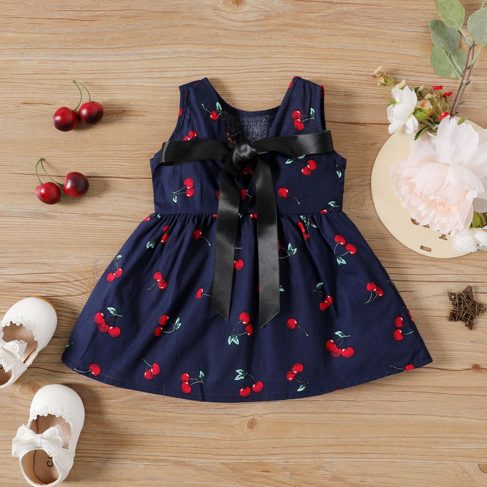 100% Cotton Cherry Print Backless Sleeveless Baby Dress Royal Blue big image 2