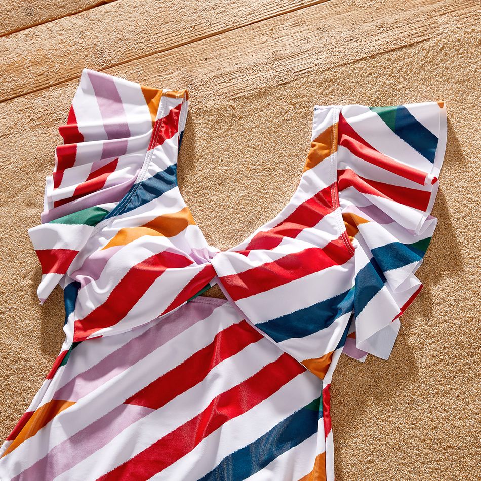 Family Matching Colorful Striped Ruffle-sleeve Cut Out One-piece Swimsuit or Swim Trunks Shorts COLOREDSTRIPES big image 4