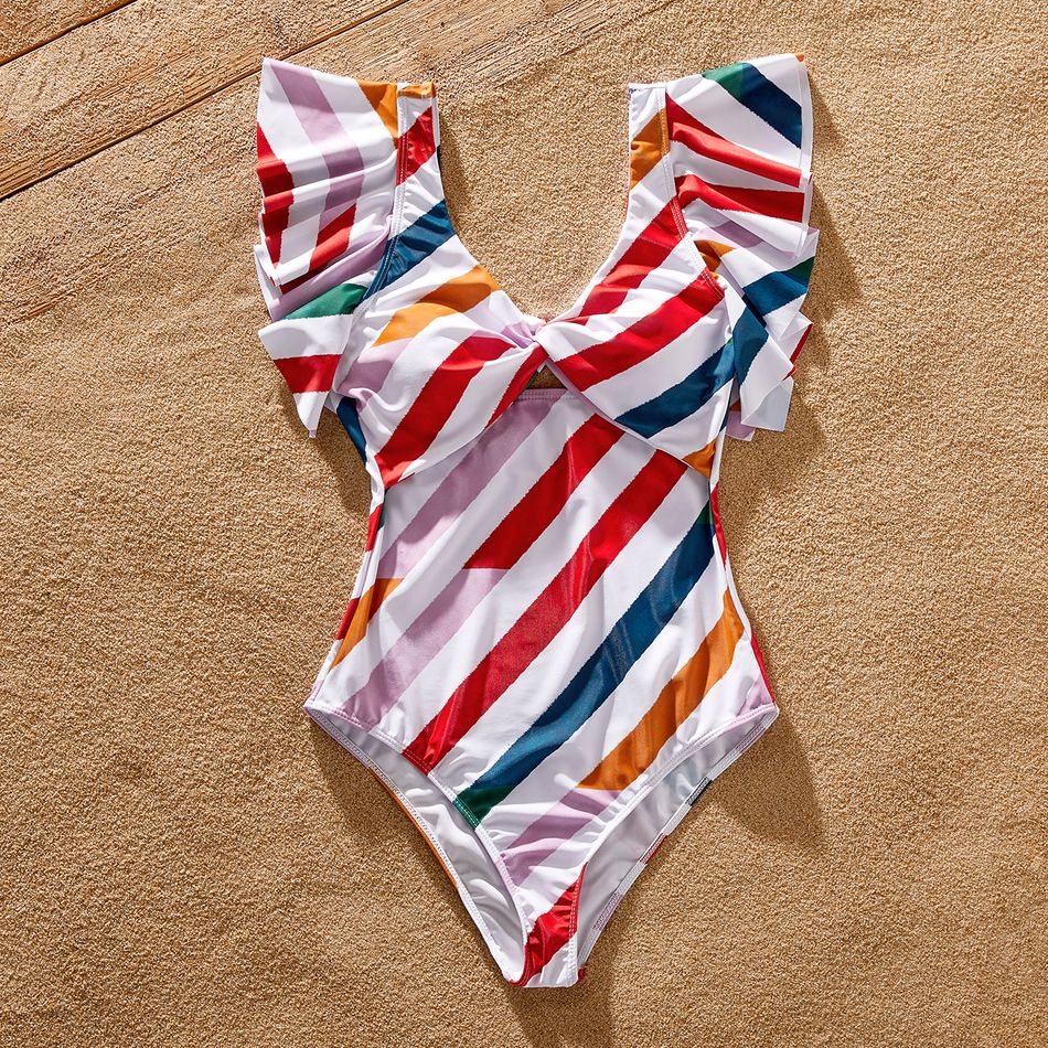 Family Matching Colorful Striped Ruffle-sleeve Cut Out One-piece Swimsuit or Swim Trunks Shorts COLOREDSTRIPES big image 3