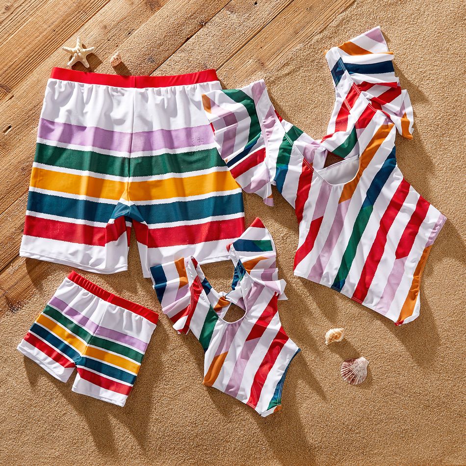 Family Matching Colorful Striped Ruffle-sleeve Cut Out One-piece Swimsuit or Swim Trunks Shorts COLOREDSTRIPES big image 2