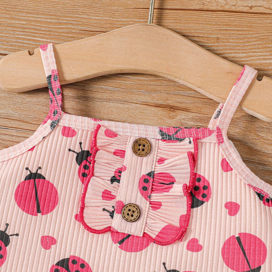 3pcs Baby Girl Cotton Ribbed Allover Ladybird Print Cami Top and Bow Decor Ruffled Skirt & Headband Set Pink big image 3