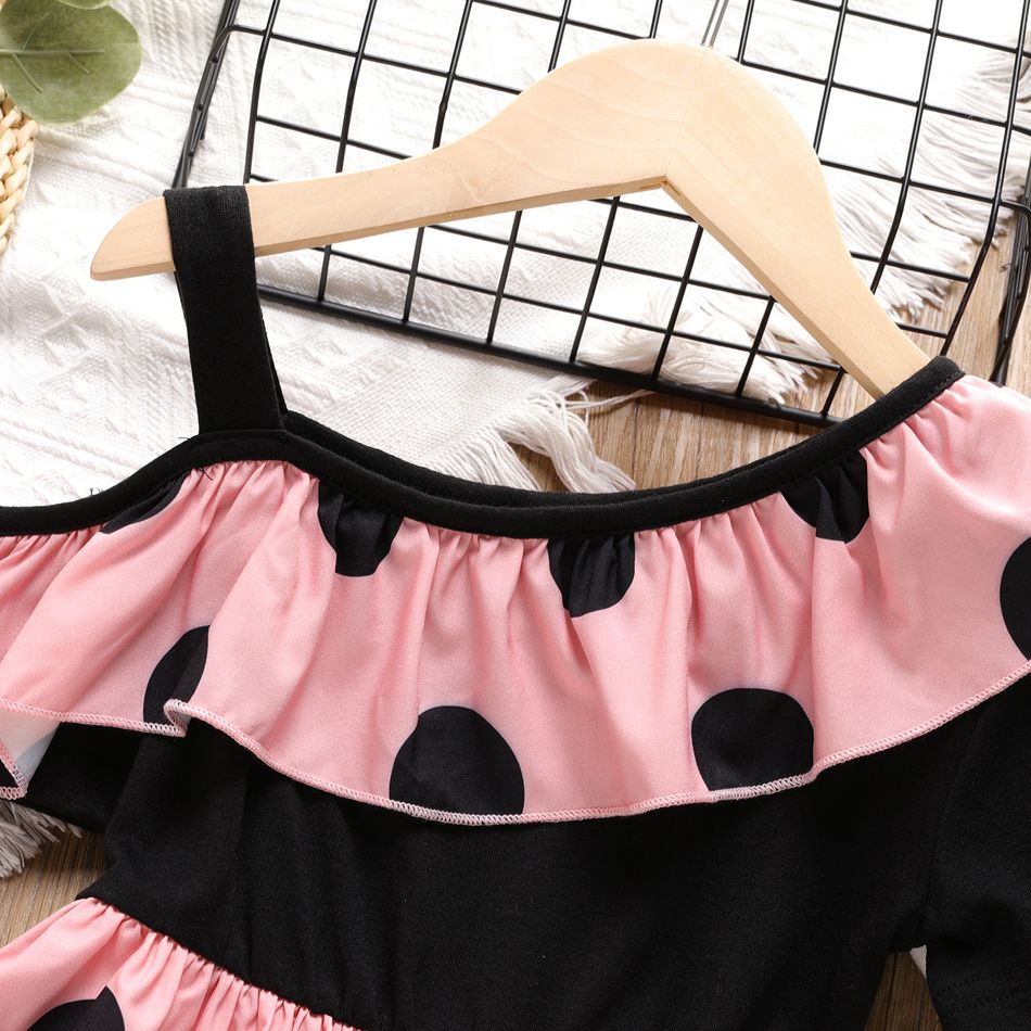 Kid Girl Polka Dots Print Ruffled Cold Shoulder Dress Pink big image 4