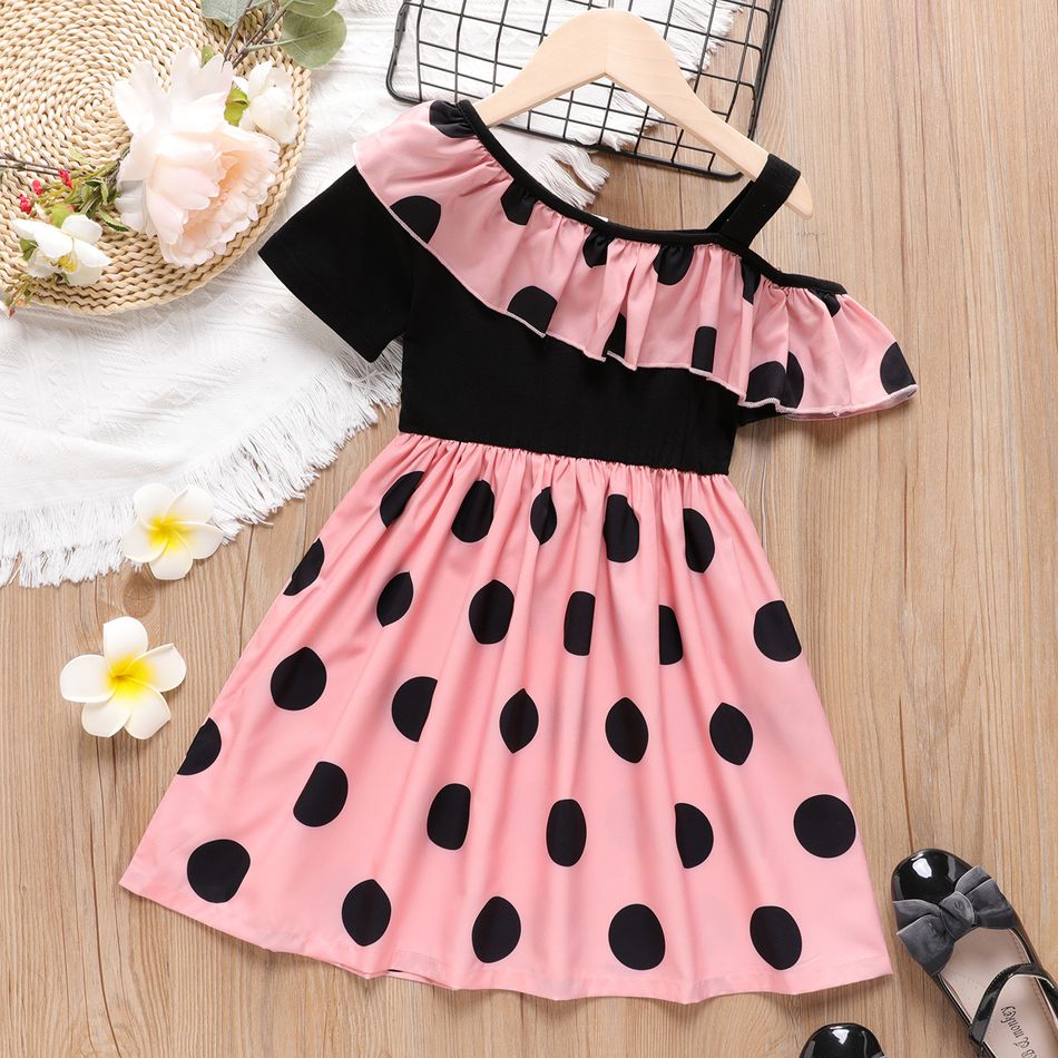 Kid Girl Polka Dots Print Ruffled Cold Shoulder Dress Pink big image 2