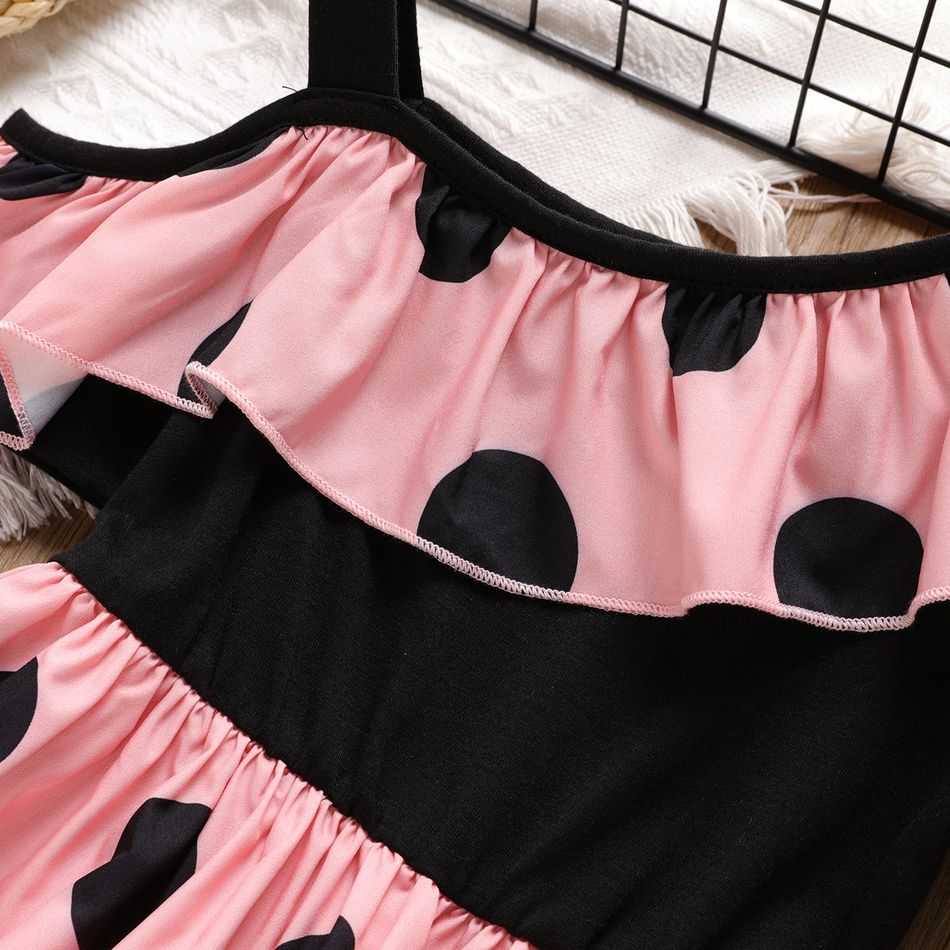 Kid Girl Polka Dots Print Ruffled Cold Shoulder Dress Pink big image 3
